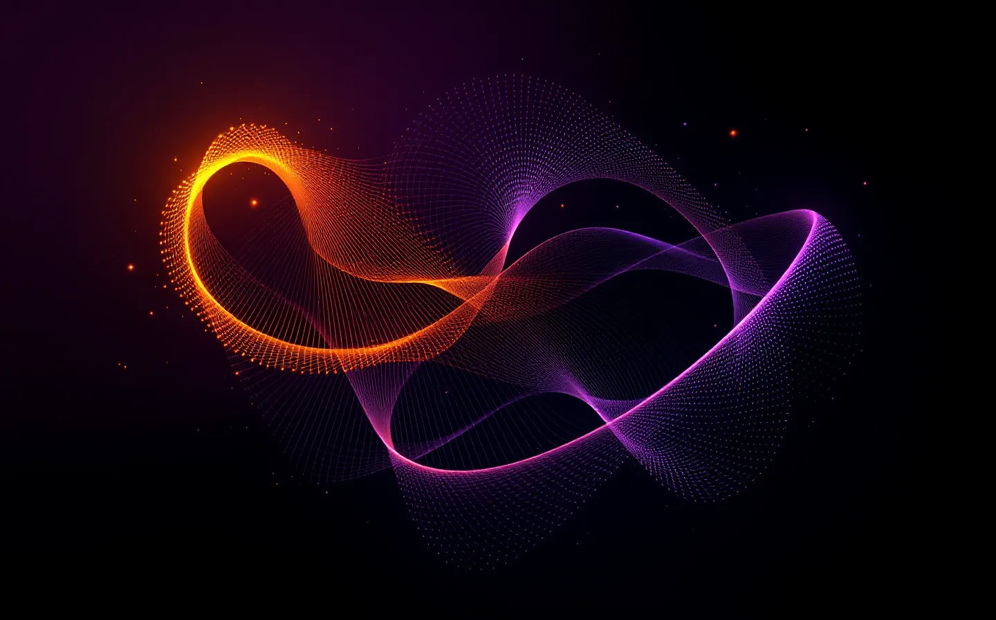 An abstract ember-and-amethyst emblem of two peptide energies converging on a single glowing repair node, on a deep purple-black ground